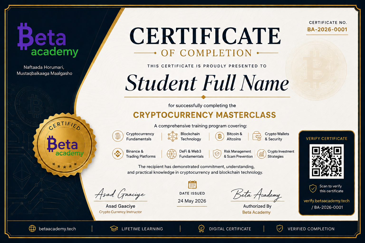 Beta Academy Certificate of Completion — Cryptocurrency Masterclass